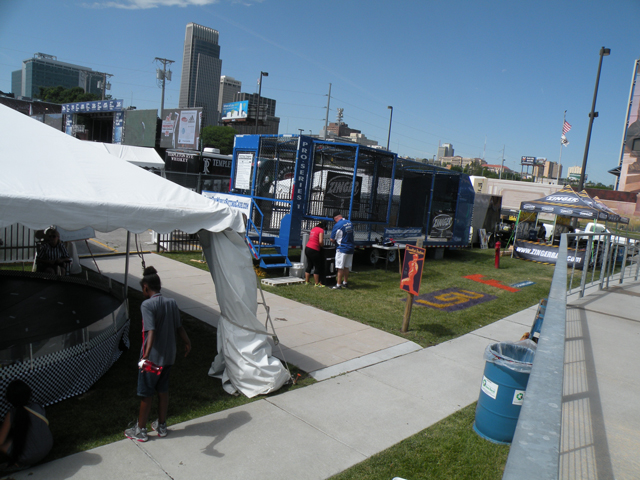 Mobile batting cage with Zinger Bat at the Baseball College World Series in Omaha, Nebraska